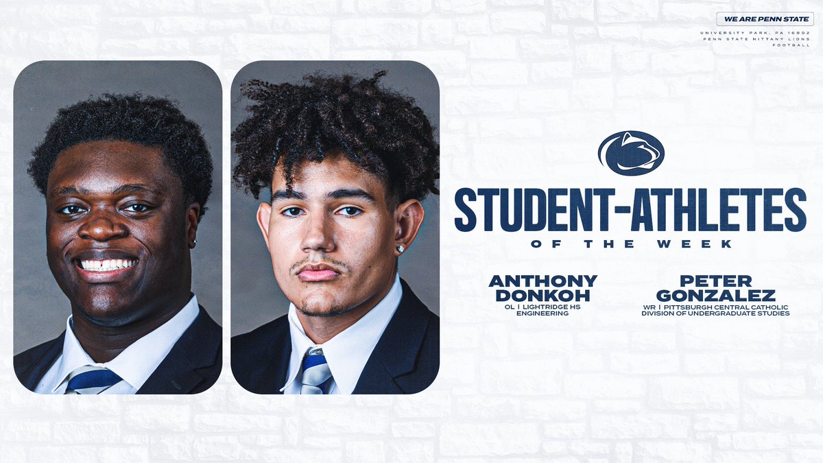 Penn State Football (@pennstatefball) on Twitter photo S/o to our Student-Athletes of the Week:
▫️Anthony Donkoh (<a href="/LightridgeFB/">Lightridge Football</a>)
▫️Peter Gonzalez (@PCC_Football)
#WeAre S/o to our Student-Athletes of the Week:
▫️Anthony Donkoh (<a href="/LightridgeFB/">Lightridge Football</a>)
▫️Peter Gonzalez (@PCC_Football)
#WeAre