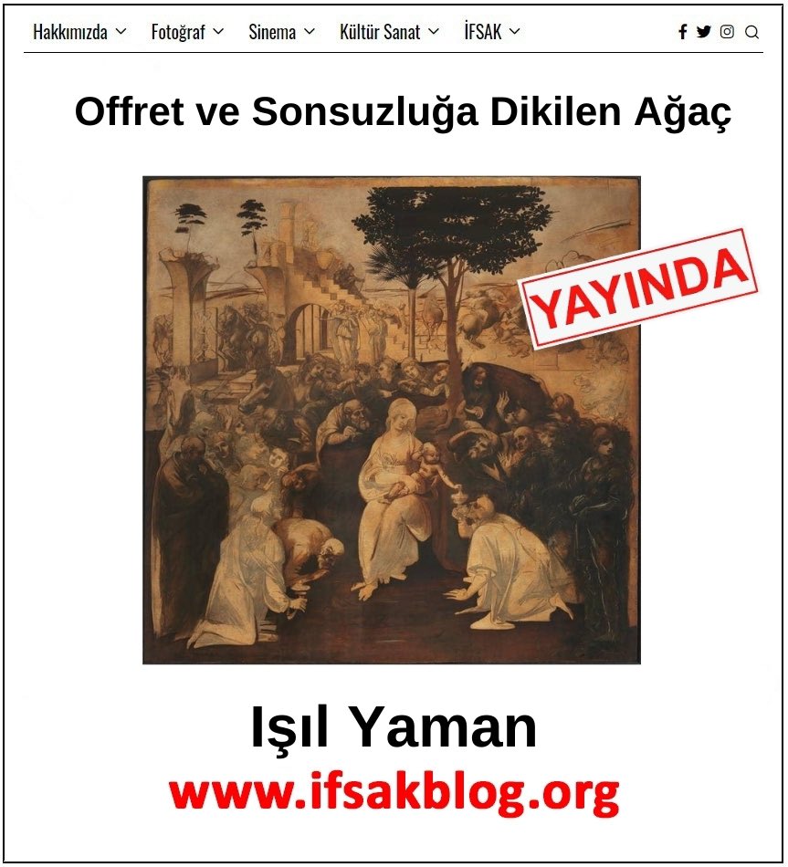 Yeni yazı yayımlandı!  
  
Işıl Yaman “Offret ve Sonsuzluğa Dikilen Ağaç” yazısı ileİFSAK Blog’da. Yazıyı okumak için bit.ly/4kk2GFV

 “Filmin ana karakteri,III. Dünya Savaşı’nın patlak verdiği haberini televizyondan duyduğunda,dostlarıyla doğum gününü kutlamaktadır.”