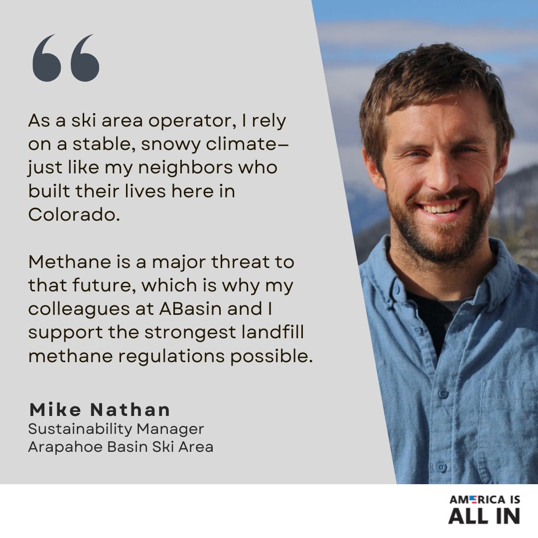 RMI Public Policy (@rmipolicy) on Twitter photo Methane pollution from landfills affects our air, water + the places we call home. 🏔️ <a href="/Arapahoe_Basin/">Arapahoe Basin</a>, an <a href="/americaisallin/">America Is All In</a> member, is taking a stand for Colorado’s future. Mike Nathan’s message is clear: tackling methane now protects our landscapes and communities for generations. Methane pollution from landfills affects our air, water + the places we call home. 🏔️ <a href="/Arapahoe_Basin/">Arapahoe Basin</a>, an <a href="/americaisallin/">America Is All In</a> member, is taking a stand for Colorado’s future. Mike Nathan’s message is clear: tackling methane now protects our landscapes and communities for generations.
