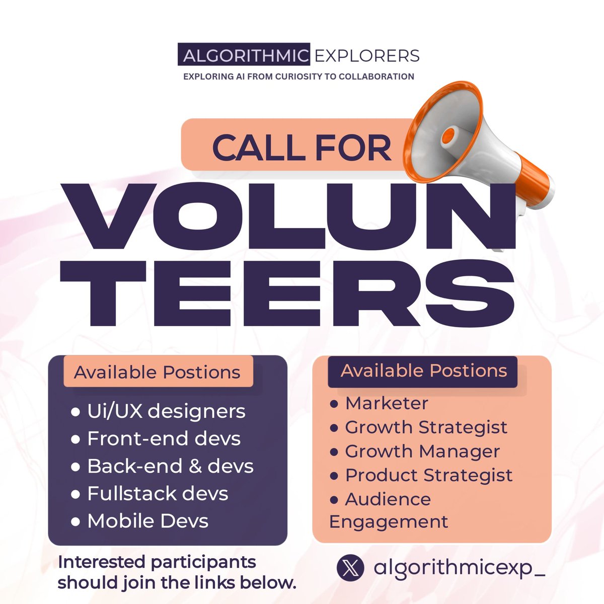 AlgorithmicExp_'s tweet image. #AlgorithmicExplorers 💜 is calling on
Volunteers for It's Growth & Marketing Unit 👩🏽💻
-
Use this link 🔗 chat.whatsapp.com/DPVBDZDE3Dx3Le…
Volunteers Needed for It's Developers & UI Team 👩🏽💻
-
Use this link: 🔗
chat.whatsapp.com/HLtgzswYKdXAKg…
Deadline to join: 5:00pm WAT Monday 3rd March