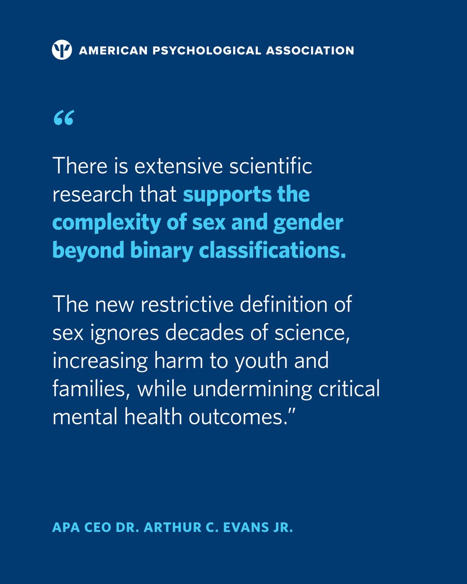 American Psychological Association (@apa) on Twitter photo In response to the Dept. of Health and Human Services' updated definitions of biological sex, APA CEO <a href="/ArthurCEvans/">Arthur C Evans, Ph.D</a> discussed the importance of access to psychological and medical interventions for transgender, intersex, and nonbinary people.
See more: at.apa.org/ocj In response to the Dept. of Health and Human Services' updated definitions of biological sex, APA CEO <a href="/ArthurCEvans/">Arthur C Evans, Ph.D</a> discussed the importance of access to psychological and medical interventions for transgender, intersex, and nonbinary people.
See more: at.apa.org/ocj