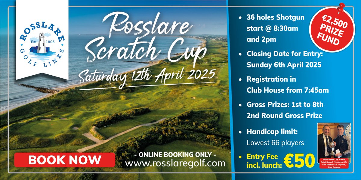 We are delighted to announce our Scratch Cup will return on Saturday 12th April and is now open for bookings! 

⏰ Shotgun start @ 10am and 2pm
💰 €2500 Prize fund 
🍽️ Entry Fee €50, including lunch
⛳ Handicap limit, lowest 66 players

BOOK TODAY ⏬

golfgenius.com/websites/11370…