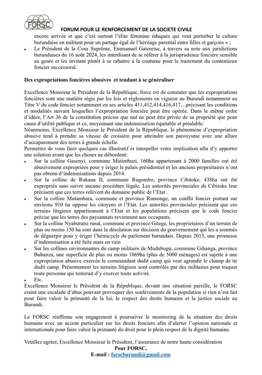 FORSC BURUNDI (@forsc_burundi) on Twitter photo #Burundi #Lettre au Président <a href="/GeneralNeva/">SE Evariste Ndayishimiye</a>:Mettre fin aux expropriations foncières abusives et assoir l’égalité pour tous en matière d’accès à la terre.
<a href="/Gatoni_RG/">GATONI Rosine Guilene</a> <a href="/FinancesBdi/">Ministère des Finances Burundi</a> <a href="/Banquemondiale/">Banque mondiale</a> <a href="/pnudfr/">ONU Développement</a> <a href="/CICR_fr/">CICR</a> <a href="/ONG_ASF/">Aviation Sans Frontières</a> <a href="/achpr_cadhp/">African Commission on Human and Peoples' Rights</a> <a href="/EACJCourt/">East African Court of Justice</a> <a href="/NtareHouse/">Ntare Rushatsi House</a>
👉forscburundi.org/mettre-fin-aux… #Burundi #Lettre au Président <a href="/GeneralNeva/">SE Evariste Ndayishimiye</a>:Mettre fin aux expropriations foncières abusives et assoir l’égalité pour tous en matière d’accès à la terre.
<a href="/Gatoni_RG/">GATONI Rosine Guilene</a> <a href="/FinancesBdi/">Ministère des Finances Burundi</a> <a href="/Banquemondiale/">Banque mondiale</a> <a href="/pnudfr/">ONU Développement</a> <a href="/CICR_fr/">CICR</a> <a href="/ONG_ASF/">Aviation Sans Frontières</a> <a href="/achpr_cadhp/">African Commission on Human and Peoples' Rights</a> <a href="/EACJCourt/">East African Court of Justice</a> <a href="/NtareHouse/">Ntare Rushatsi House</a>
👉forscburundi.org/mettre-fin-aux…