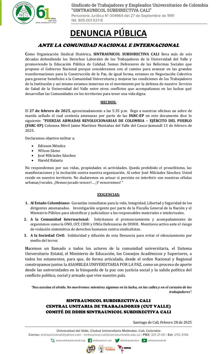 Nuestra solidaridad y apoyo a los compañeros de <a href="/SintraunicolUV/">Sintraunicol Cali</a> #Cali, que están siendo amenazados por grupos violentos, que se resisten a ser el pasado de #Colombia.
No podemos seguir siendo víctimas de la violencia, por pensar diferente.