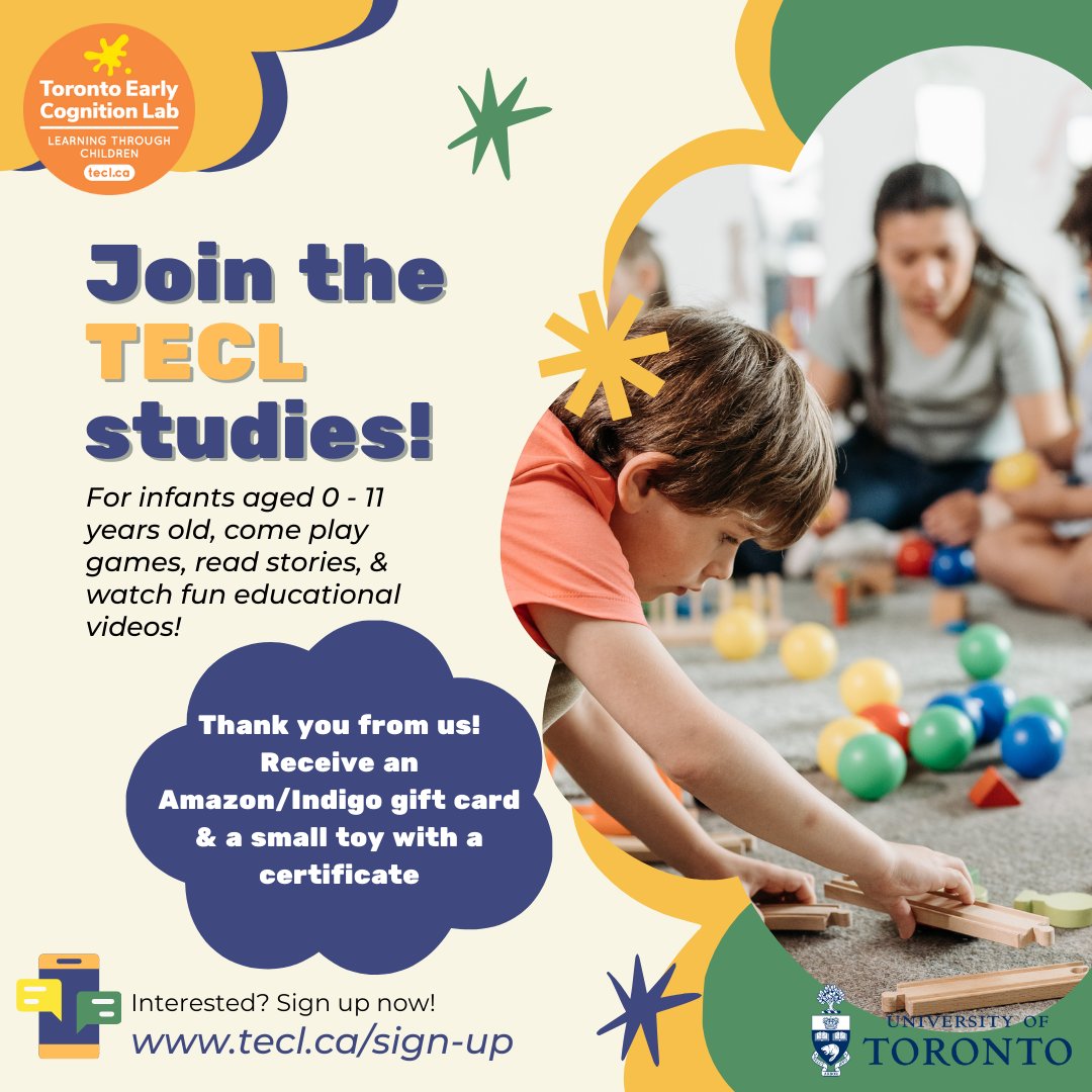 ⭐️Join the Toronto Early Cognition Lab for a fun study for children 0-11 years old!   

✅Receive a gift card and UofT certificate for participating 

💫 Use the link in our bio to sign up