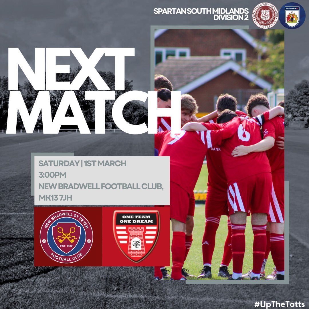 Totternhoe Football Club (@tottsfc) on Twitter photo ๐๐๐๐๐ ๐๐ ๐๐๐๐!
This week, we travel to leaders <a href="/NewBradwellSPFC/">New Bradwell St Peter F(C)</a> in what is our first of 6 straight away games.
After a close affair in the home fixture, the lads will look to get the better of our hosts who have been in fine form this season!
#UpTheTotts | ๐ดโช๏ธ ๐๐๐๐๐ ๐๐ ๐๐๐๐!
This week, we travel to leaders <a href="/NewBradwellSPFC/">New Bradwell St Peter F(C)</a> in what is our first of 6 straight away games.
After a close affair in the home fixture, the lads will look to get the better of our hosts who have been in fine form this season!
#UpTheTotts | ๐ดโช๏ธ