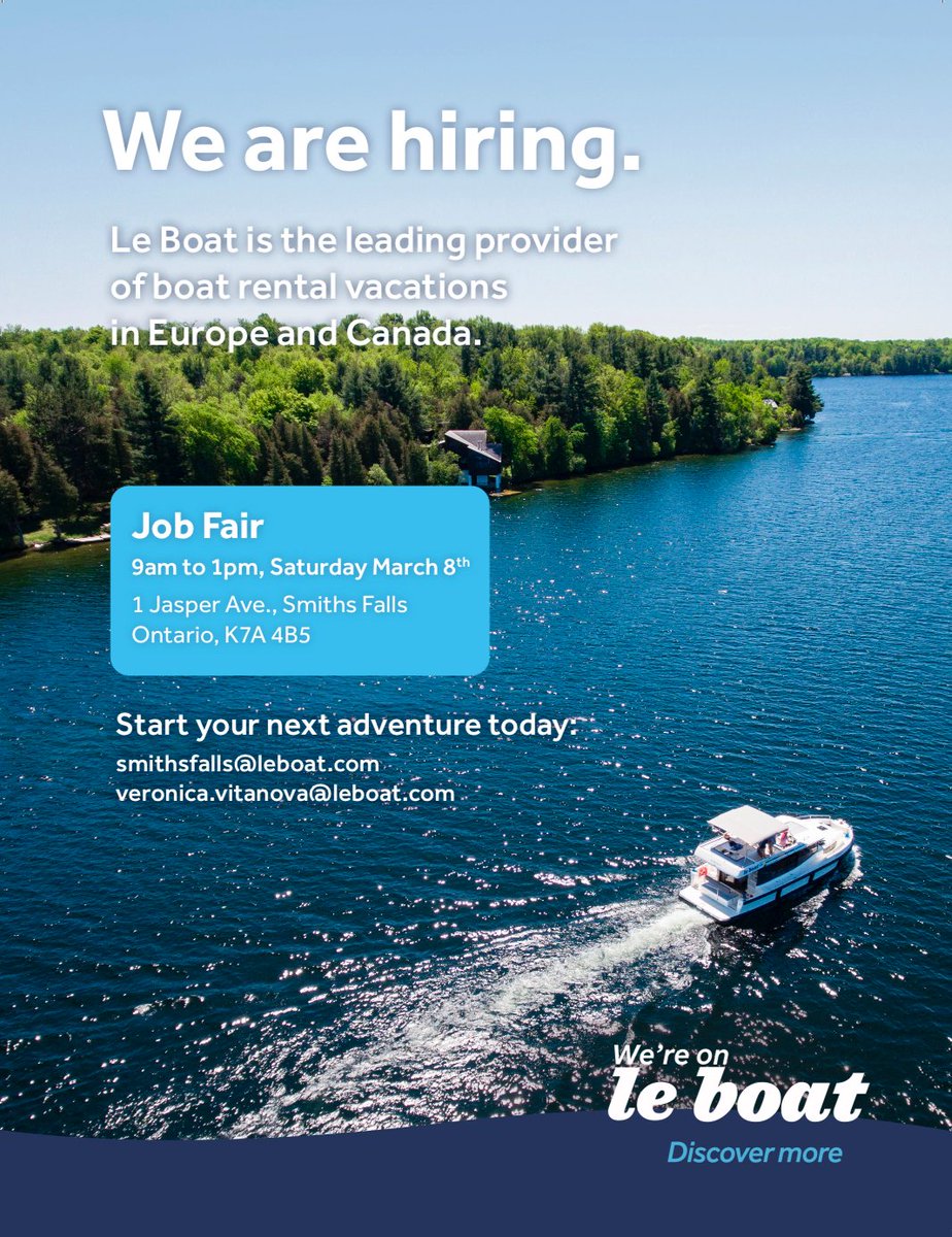 We’re hiring at Le Boat! 🚤 Join us at our Job Fair in Smiths Falls on Saturday, March 8th—bring your resume and explore exciting opportunities with us. See you there! 👋 #LeBoat #Hiring #JobFair #SmithsFalls