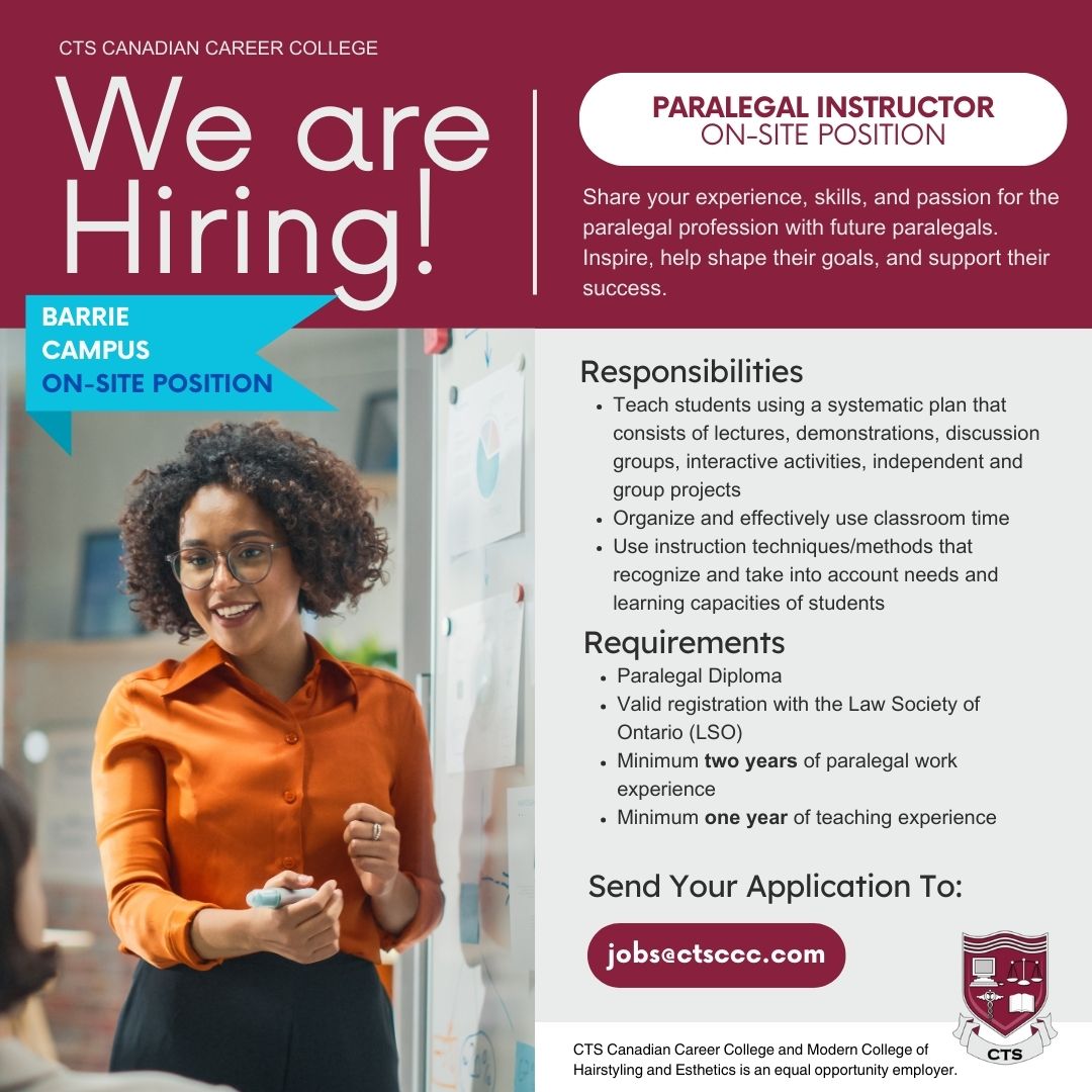 CTS Canadian Career College (@ctsccc) on Twitter photo Applicants are encouraged to submit a resume via jobs@ctsccc.com.
For more information Sudbury: lnkd.in/gZZQp8YF
For more information Barrie: lnkd.in/gY5WY4MY
#JobOpening #hiring #ctsccc #paralegal #teaching Applicants are encouraged to submit a resume via jobs@ctsccc.com.
For more information Sudbury: lnkd.in/gZZQp8YF
For more information Barrie: lnkd.in/gY5WY4MY
#JobOpening #hiring #ctsccc #paralegal #teaching