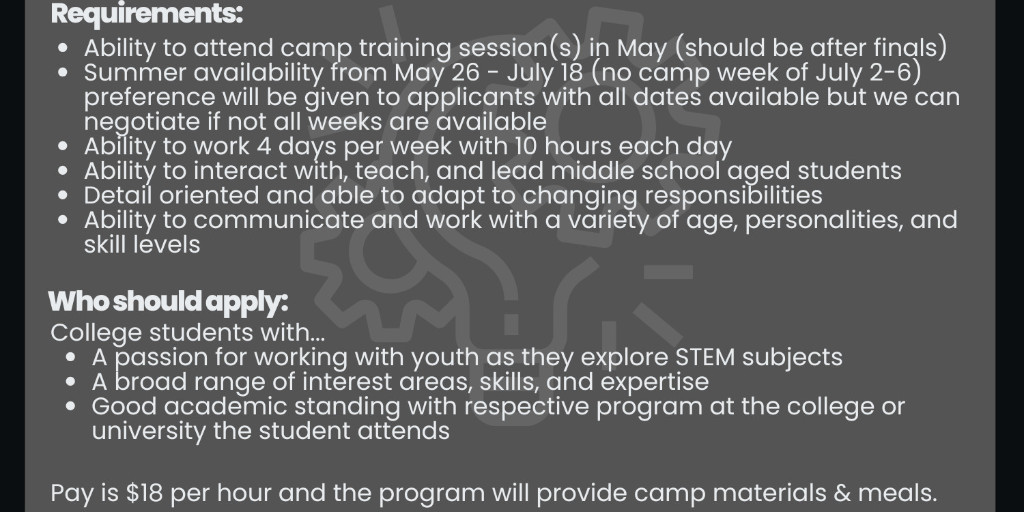 Are you a college student passionate about helping students find their STEM strengths? 

Check out this excellent opportunity to work over the summer across the state with our STEM Camps! 

Email JoshuaFaith@purdue.edu for application link! 

@purdueEDU <a href="/EducateIN/">Indiana Department of Education (IDOE)</a> <a href="/HigherEdIN/">Indiana Commission for Higher Education</a>