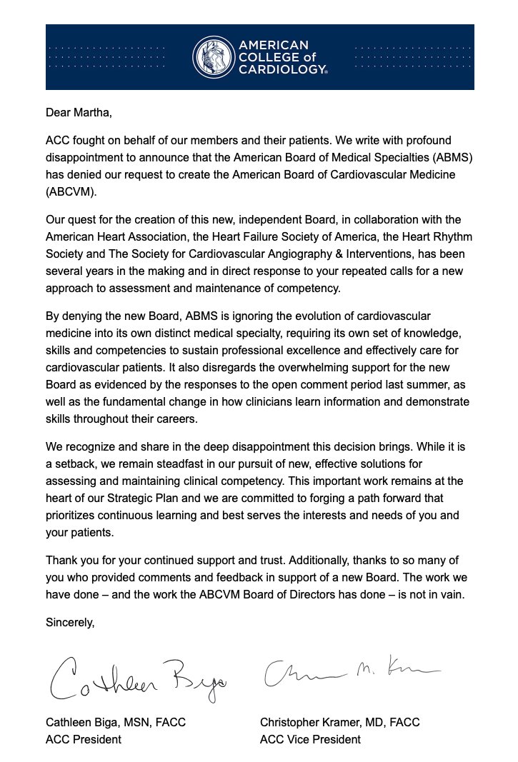 Dr. Martha Gulati ♥️🫀❤️🩹🇨🇦 (@drmarthagulati) on Twitter photo This is such sad news.
I think we all wanted <a href="/ACCinTouch/">American College of Cardiology</a> to take over our certification in #cardiology & not leave to the ABMS.
Cardiology is often a Department, not within a Division of Medicine. We need to separate to make this happen.
😢😢😢 #CardioTwitter This is such sad news.
I think we all wanted <a href="/ACCinTouch/">American College of Cardiology</a> to take over our certification in #cardiology & not leave to the ABMS.
Cardiology is often a Department, not within a Division of Medicine. We need to separate to make this happen.
😢😢😢 #CardioTwitter