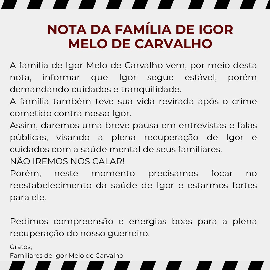 [NOTA OFICIAL]

A família de Igor Melo de Carvalho agradece o apoio de todas as pessoas e veículos de comunicação e conta com a compreensão de todos.

#justicaporigormelo
