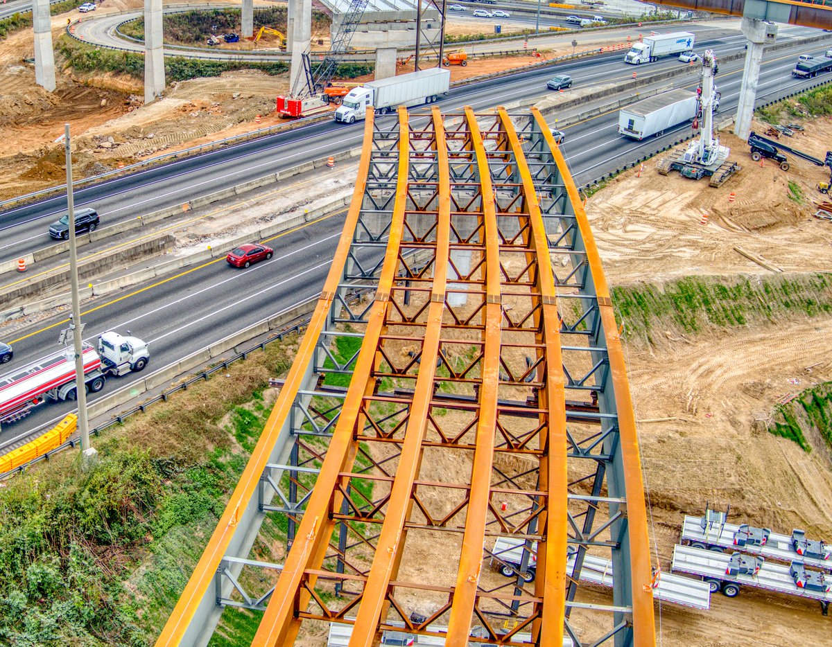 StuppBridgeCo's tweet photo. Stupp is providing almost 3500 tons of structural steel for the I-285/I-20 East Interchange Project in DeKalb County, Georgia. Our scpe is a mix of weathering steel flyover units and WF Beam widenings. Thanks to #ArcherWestern for the aerial photo used in this post. https://t.co/5R0UG04Jwp