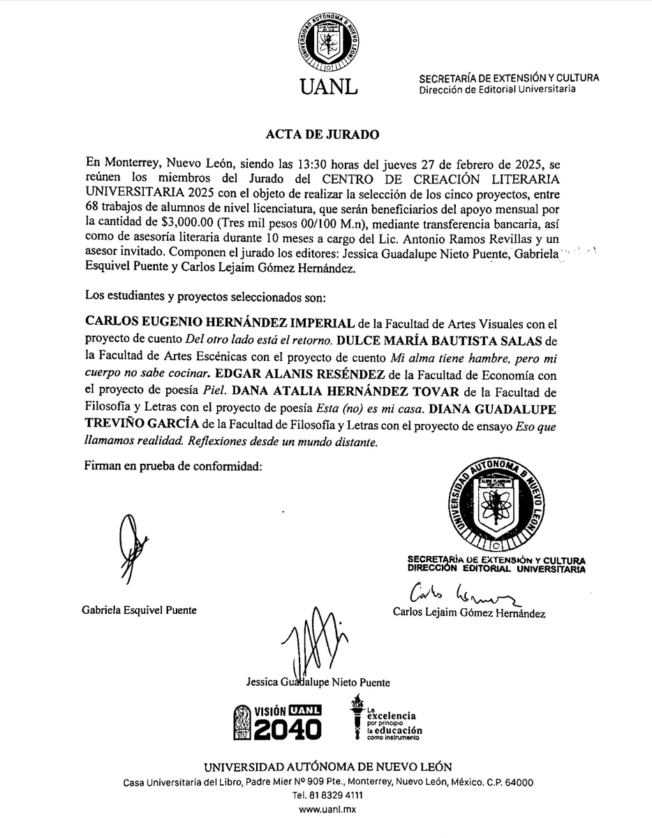RESULTADOS
Centro de Creación Literaria Universitaria 2025 

Damos a conocer a los 5 beneficiarios de nuestro programa. ¡Enhorabuena!