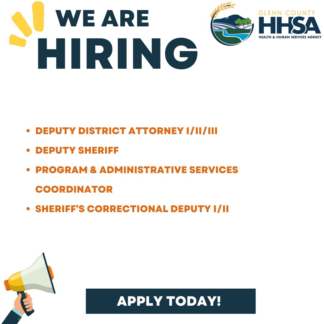 Are you interested in a career with Glenn County? Visit the County of Glenn Personnel webpage ow.ly/81gi50SZJ2V for more information!
Don't forget to follow them on Facebook ow.ly/NvVC50SZJ33