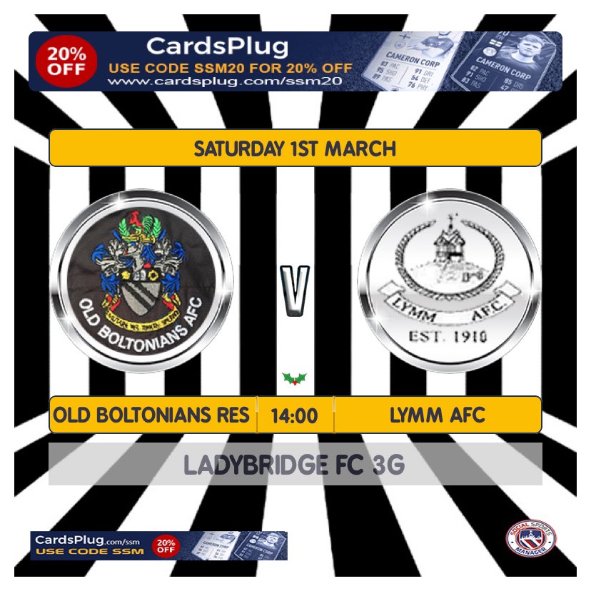 Saturdays fixtures -
Youth team v Leigh Genesis 9.30ko
Reserves v Lymm AFC 2pm ko 
Played at Ladybridge fc 3G