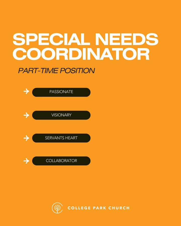 We are looking for a Special Needs Coordinator. Do you have experience in this field or know someone who does? Would you prayerfully consider applying for this special position?

See the job here: yourchurch.bamboohr.com/careers/139