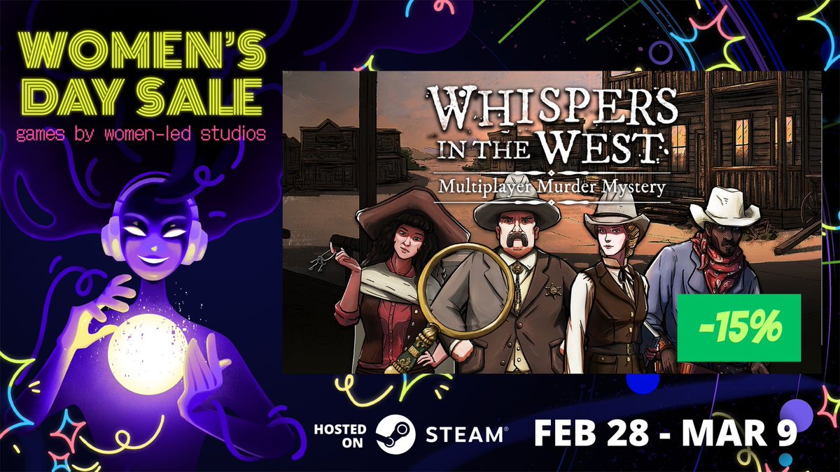 Whispers in the West π€  Out now (@teamdissonant) on Twitter photo πΈ Celebrate Womenβs Day with us! πΈ
15% OFF for a limited time! π
We are also announcing two new features
π Mystery Editor β Create & play your own cases!
π οΈ Steam Workshop β Share mysteries with the community!
More details will be dropped soon πβ¨
 #WomensDaySale πΈ Celebrate Womenβs Day with us! πΈ
15% OFF for a limited time! π
We are also announcing two new features
π Mystery Editor β Create & play your own cases!
π οΈ Steam Workshop β Share mysteries with the community!
More details will be dropped soon πβ¨
 #WomensDaySale