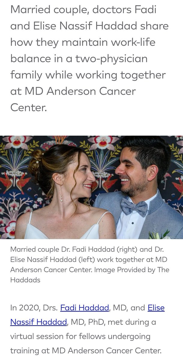 Fadi Haddad, MD (@fadihaddad_md) on Twitter photo Featured in <a href="/Healthgrades/">Healthgrades</a> w/ @elise_efn sharing our journey as physicians working together at <a href="/MDAndersonNews/">MD Anderson Cancer Center</a>
💪 Easing psychological burdens & treating patients together
💡Bouncing patient care ideas off each other
🔬Supporting each other’s research
resources.healthgrades.com/pro/husband-wi… Featured in <a href="/Healthgrades/">Healthgrades</a> w/ @elise_efn sharing our journey as physicians working together at <a href="/MDAndersonNews/">MD Anderson Cancer Center</a>
💪 Easing psychological burdens & treating patients together
💡Bouncing patient care ideas off each other
🔬Supporting each other’s research
resources.healthgrades.com/pro/husband-wi…