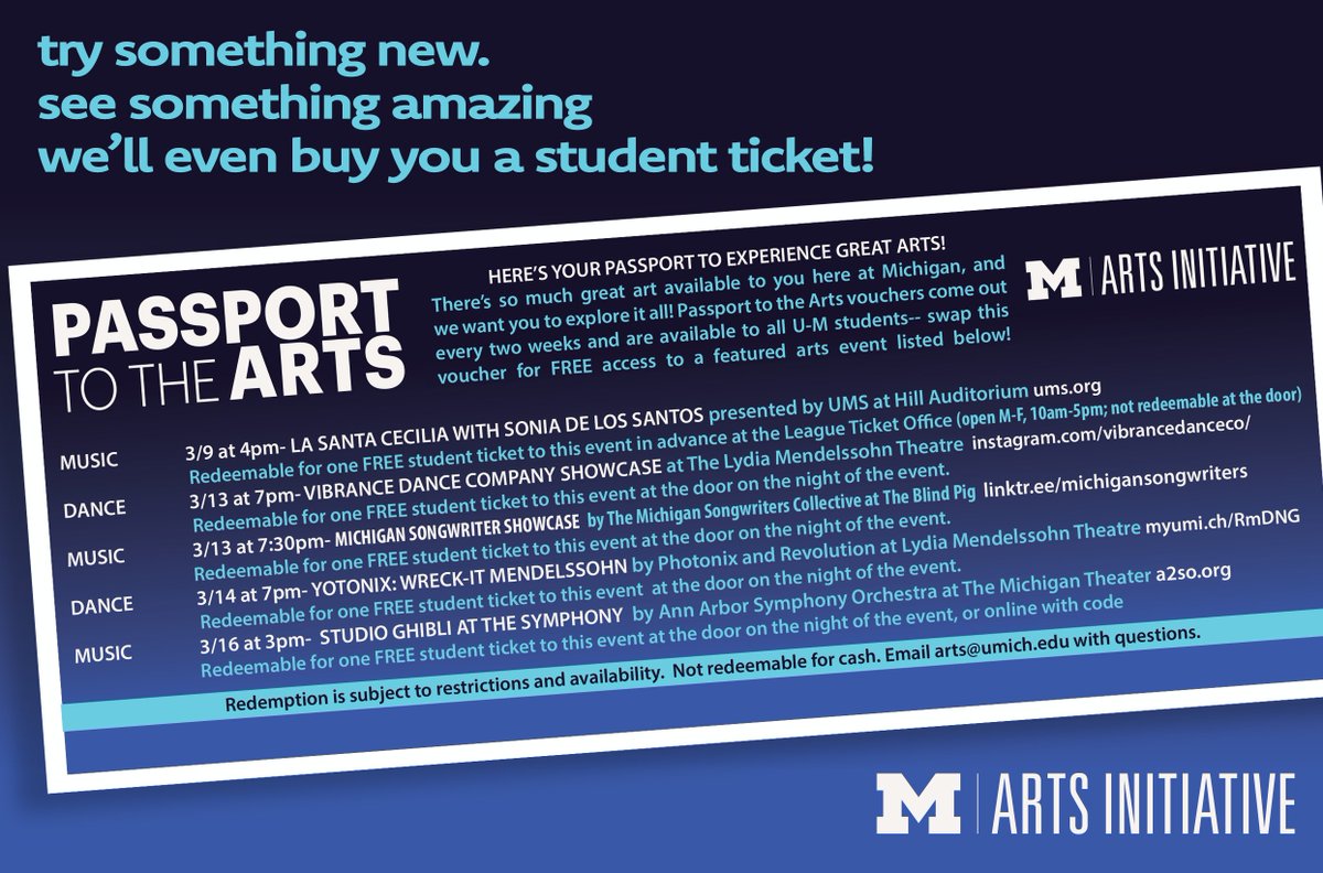 Arts at Michigan (@artsatmichigan) on Twitter photo Grab a #PassportVoucher from your ResHall and swap it for a FREE ticket to a featured arts event from <a href="/UMSpresents/">UMSāUniversity Musical Society</a>, Vibrance Dance Co, Michigan Songwriters Collective, Photonix & <a href="/UMRevolution/">Revolution</a>, or <a href="/A2SO/">Ann Arbor Symphony Orchestra</a>!
artsatmichigan.umich.edu/programs/passp⦠Grab a #PassportVoucher from your ResHall and swap it for a FREE ticket to a featured arts event from <a href="/UMSpresents/">UMSāUniversity Musical Society</a>, Vibrance Dance Co, Michigan Songwriters Collective, Photonix & <a href="/UMRevolution/">Revolution</a>, or <a href="/A2SO/">Ann Arbor Symphony Orchestra</a>!
artsatmichigan.umich.edu/programs/passpā¦