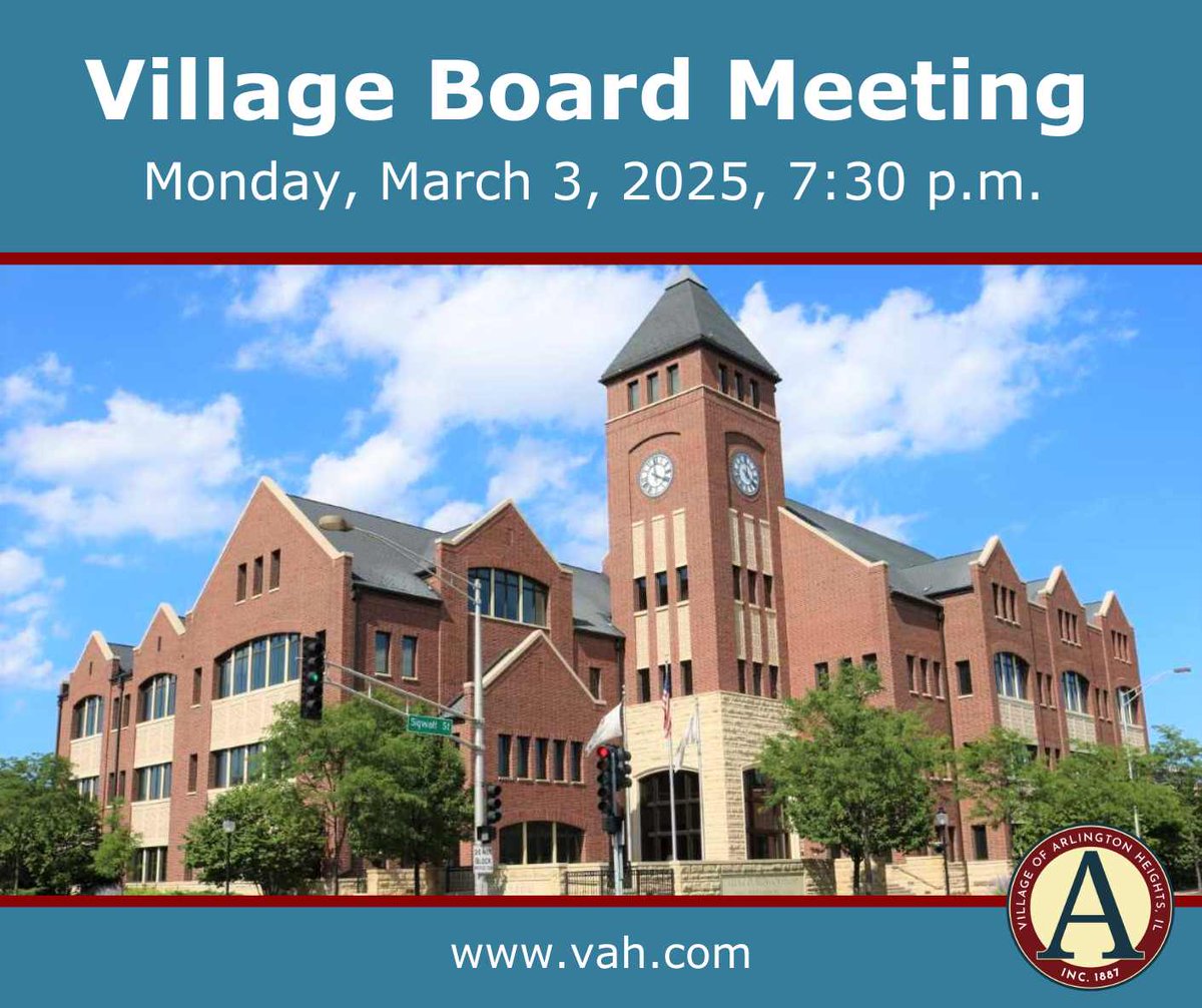 The next Village Board Meeting is on Monday, March 3rd, at 7:30 p.m. at Village Hall.  See the full agenda at …ingtonheightsil.portal.civicclerk.com/event/611/over…. You can watch the Board Meeting live as it happens on youtube.com/@VAHBoardMeeti… for closed captioning services.