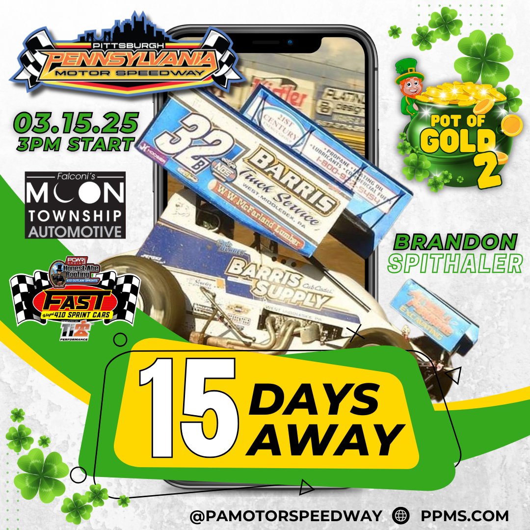 PPMS ๐ (@pamotorspeedway) on Twitter photo The Pot of Gold 2 - 2025 Season Opener is only 15 days away! 2024 <a href="/FASTseries/">FAST Series</a> champion <a href="/Spithaler22/">Brandon Spithaler</a> has confirmed his entry to the event. He'll drive the Barris Supply 32 in pursuit of the $4,000 to win prize.
Make your plans to join us for this #StPatricksDay weekend event! The Pot of Gold 2 - 2025 Season Opener is only 15 days away! 2024 <a href="/FASTseries/">FAST Series</a> champion <a href="/Spithaler22/">Brandon Spithaler</a> has confirmed his entry to the event. He'll drive the Barris Supply 32 in pursuit of the $4,000 to win prize.
Make your plans to join us for this #StPatricksDay weekend event!