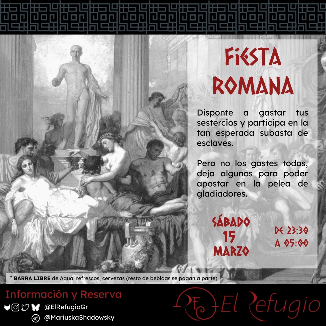 Que corra el vino para esta gran fiesta. 

🏺Subasta de esclaves
🏺Combate de gladiadores

Coloca las ofrendas en el altar y arrodíllate para las oraciones.

¡No te lo pierdas!

Todo lo necesario para pasar una noche digna de les Grandes Dioses

Más info: fetlife.com/events/1681863