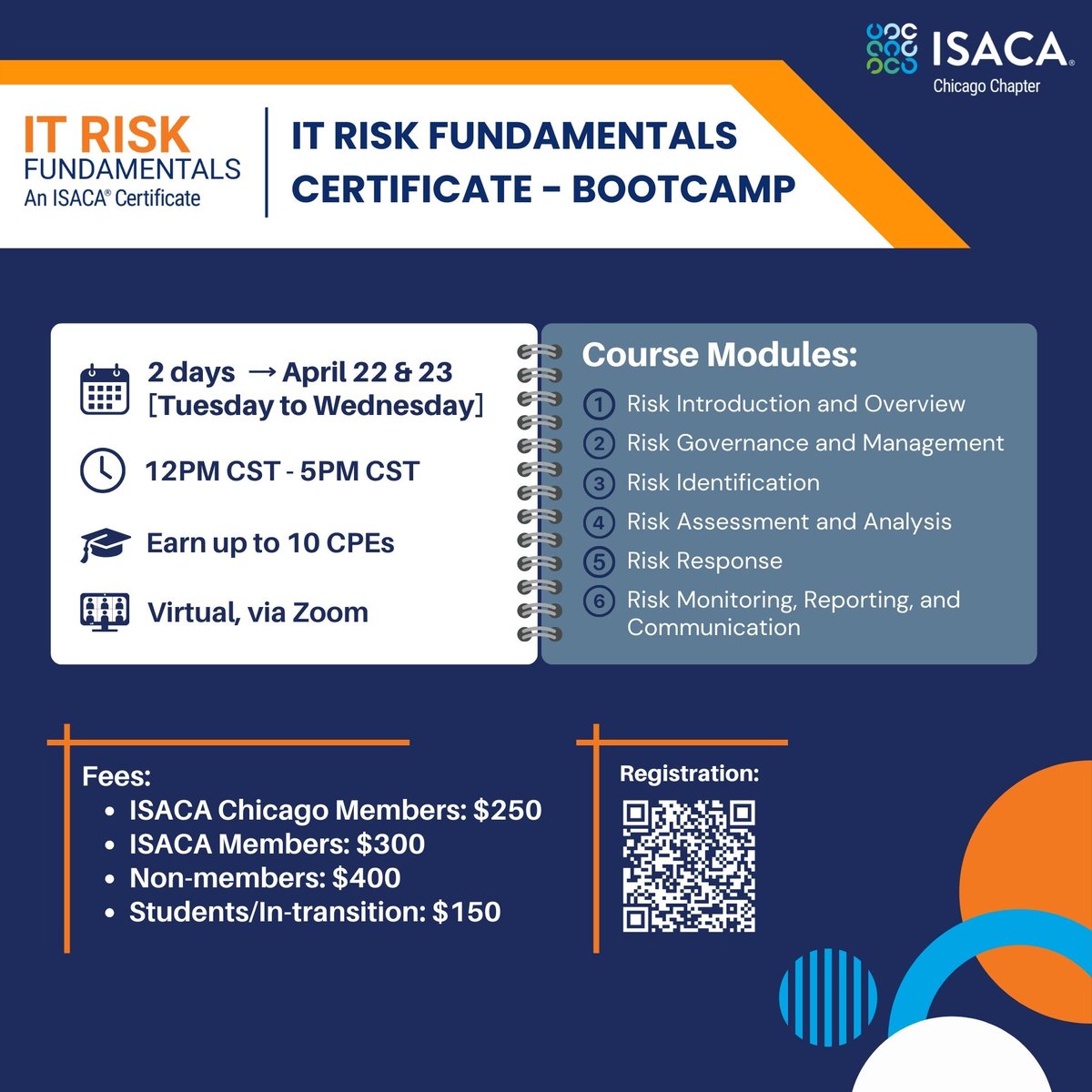 🚀Ready to elevate your IT Risk expertise and gain an industry-recognized certificate? Join us for a bootcamp to help you prepare for the IT Risk Fundamentals Certificate Exam.  

🗓️April 22-23, 12pm-5pm CST 
🔗lnkd.in/gha78na4 

#isaca