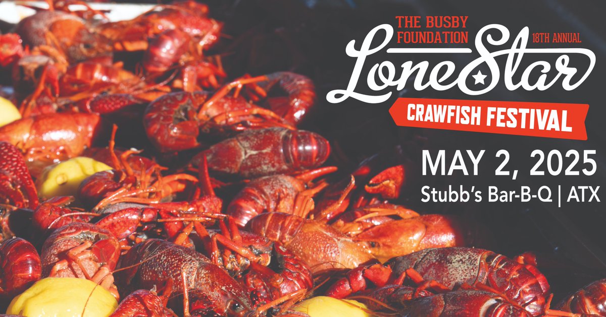 BusbyFoundation's tweet photo. Crawfish season is coming! And there is no better way to celebrate it than with cold beverages, live bands, and a worthy cause at the 18th Annual Lonestar Crawfish Festival. Bring your appetite &amp; your support for ALS families. May 2nd @ Stubb’s Bar-B-Q. Sponsorships available! https://t.co/jBaUzdXrsF