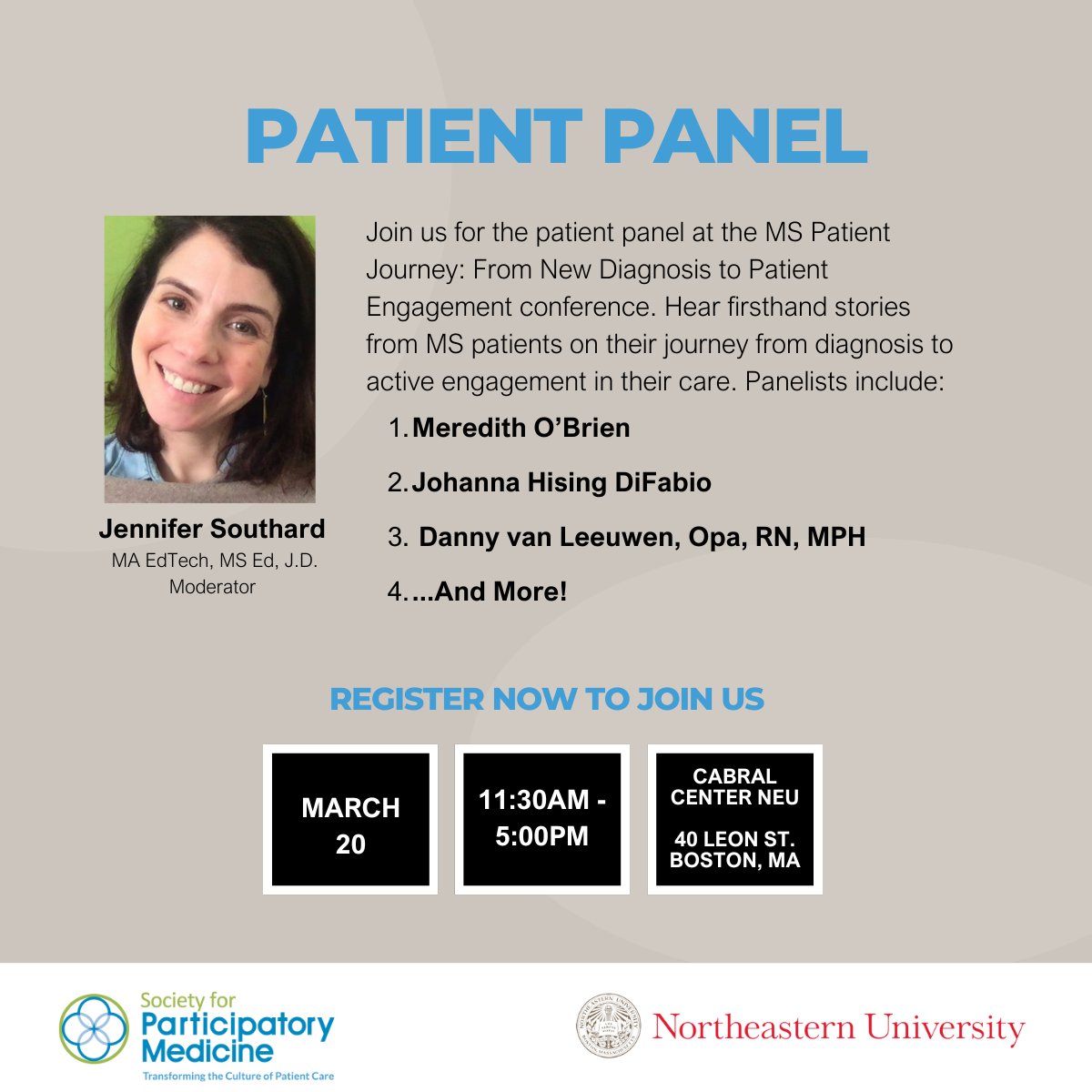 Join us on March 20th at NEU's Cabral Center to hear from a panel of patients to understand their journeys, explore patient empowerment, caregiver support, and interdisciplinary collaboration in MS care. #S4PMMSPatientJourney

To join us, register here: participatorymedicine.org/conference/