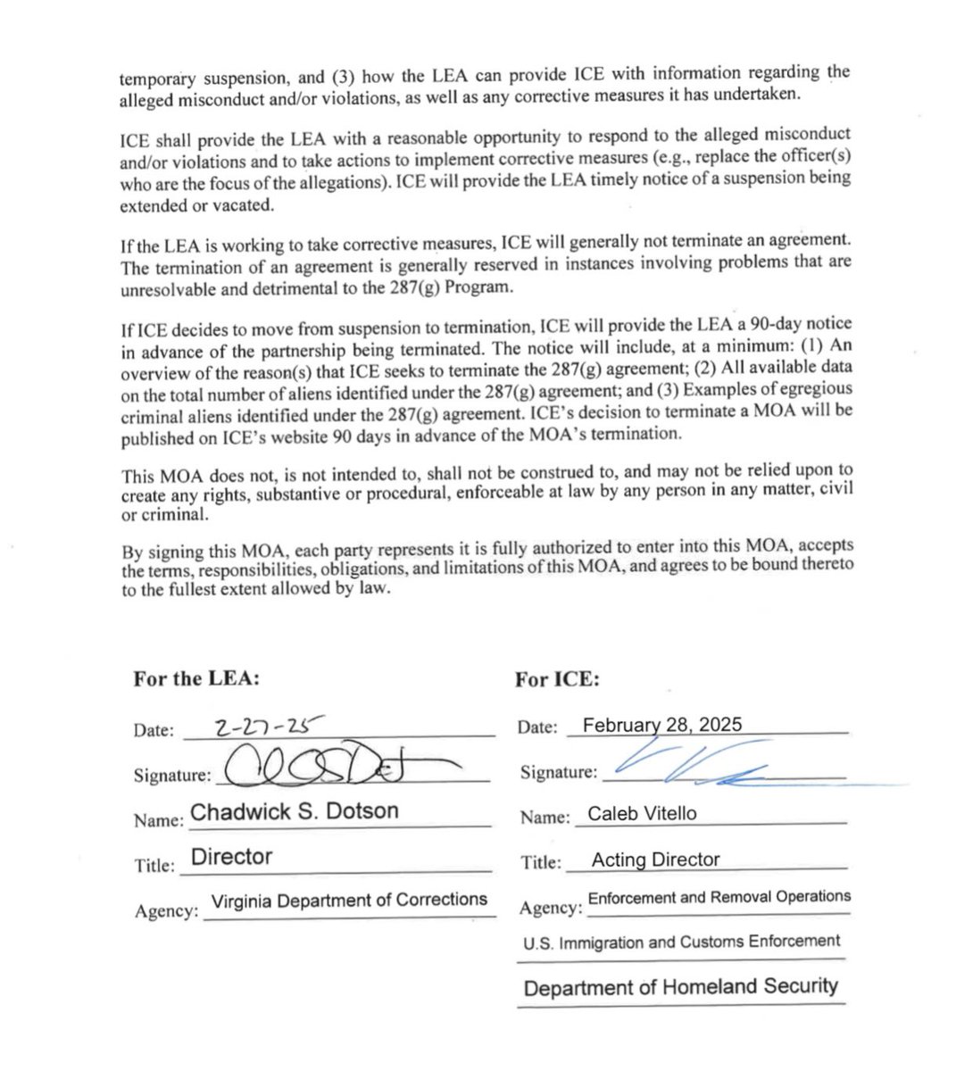 Glenn Youngkin (@glennyoungkin) on Twitter photo Thank you Acting Director Vitello for signing Virginia’s 287(g) MOU. We are going to work to help you <a href="/RealTomHoman/">Thomas D. Homan</a> and President <a href="/realDonaldTrump/">Donald J. Trump</a> enforce America’s immigration laws to keep Virginians safe from dangerous illegal immigrants. Thank you Acting Director Vitello for signing Virginia’s 287(g) MOU. We are going to work to help you <a href="/RealTomHoman/">Thomas D. Homan</a> and President <a href="/realDonaldTrump/">Donald J. Trump</a> enforce America’s immigration laws to keep Virginians safe from dangerous illegal immigrants.