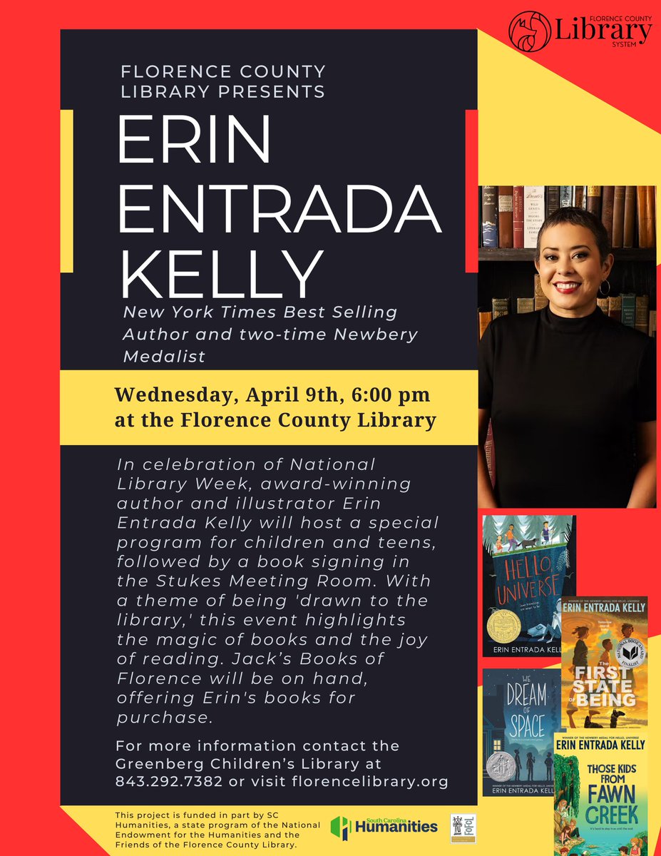 FloCoLibrarySC's tweet image. This event is funded in part by SC Humanities, a state program of the National Endowment for the Humanities and by the Friends of the Florence County Library.