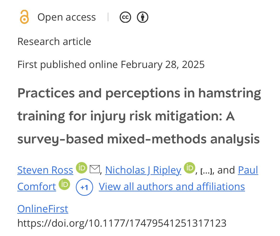 Published open access today!

We explored how practitioners are approaching training for mitigation of hamstring strain injury risk, their interpretation and application of the evidence and the nuances of working in applied sport. 

journals.sagepub.com/doi/10.1177/17…
