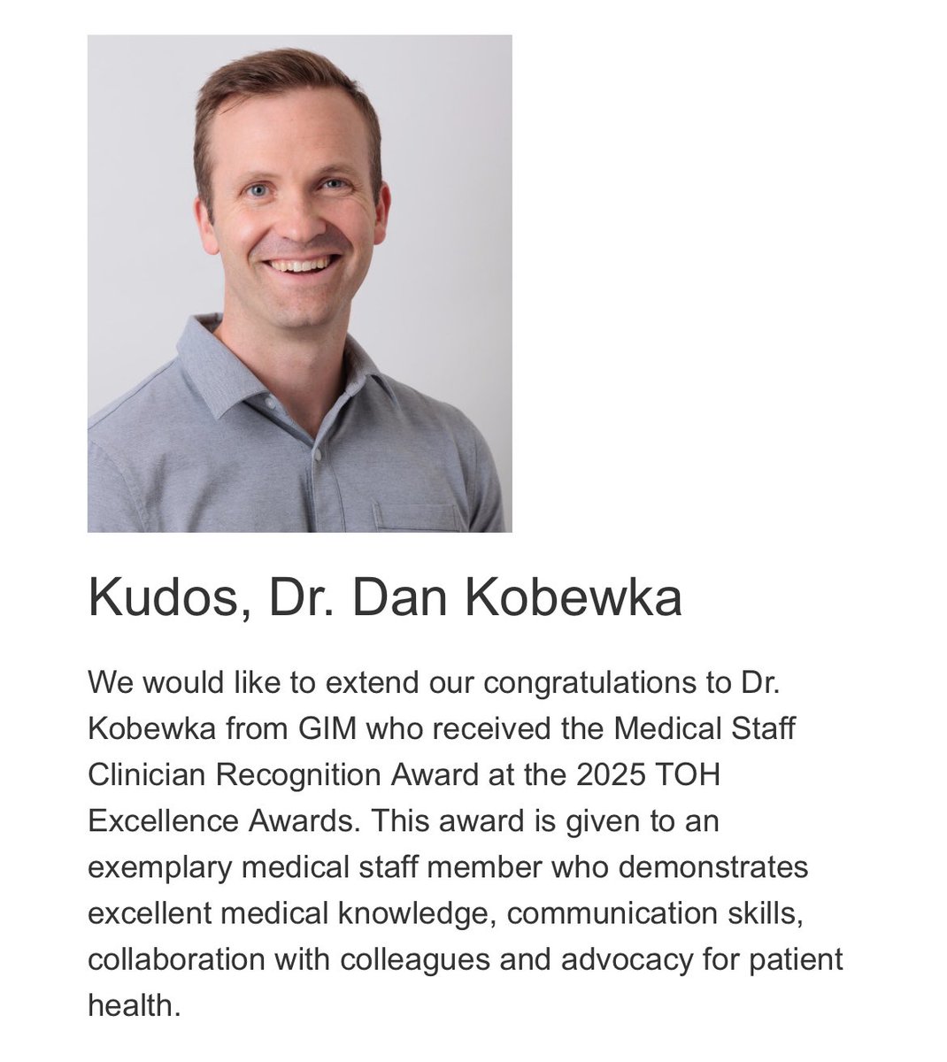 Ottawa GIM (@gimottawa) on Twitter photo Congratulations to our faculty member <a href="/D_Kobewka/">Daniel Kobewka</a> on his <a href="/OttawaHospital/">The Ottawa Hospital</a> Excellence Awards Recognition! Well served Dr Kobewka! Congratulations to our faculty member <a href="/D_Kobewka/">Daniel Kobewka</a> on his <a href="/OttawaHospital/">The Ottawa Hospital</a> Excellence Awards Recognition! Well served Dr Kobewka!