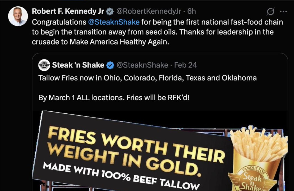 Deep frying with seed oils is a health disaster and it's a good thing to see them getting the boot from fast food. 

Let's discuss which toxins and health hazards are avoided by making french fries in beef tallow, and which ones remain. 🧵