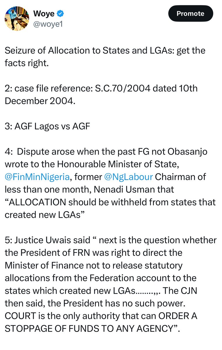 31 Oct 2024, I tweeted “SEIZURE OF ALLOCATION TO STATES and LGAs: Get the facts night. 

1: You will recall this case file: S.C.70/2004 dated 10th December, 2004. 

2: Justice Uwais said “ONLY COURT can block funds to FG, States and LGAS plus any govt agencies. 

3. I