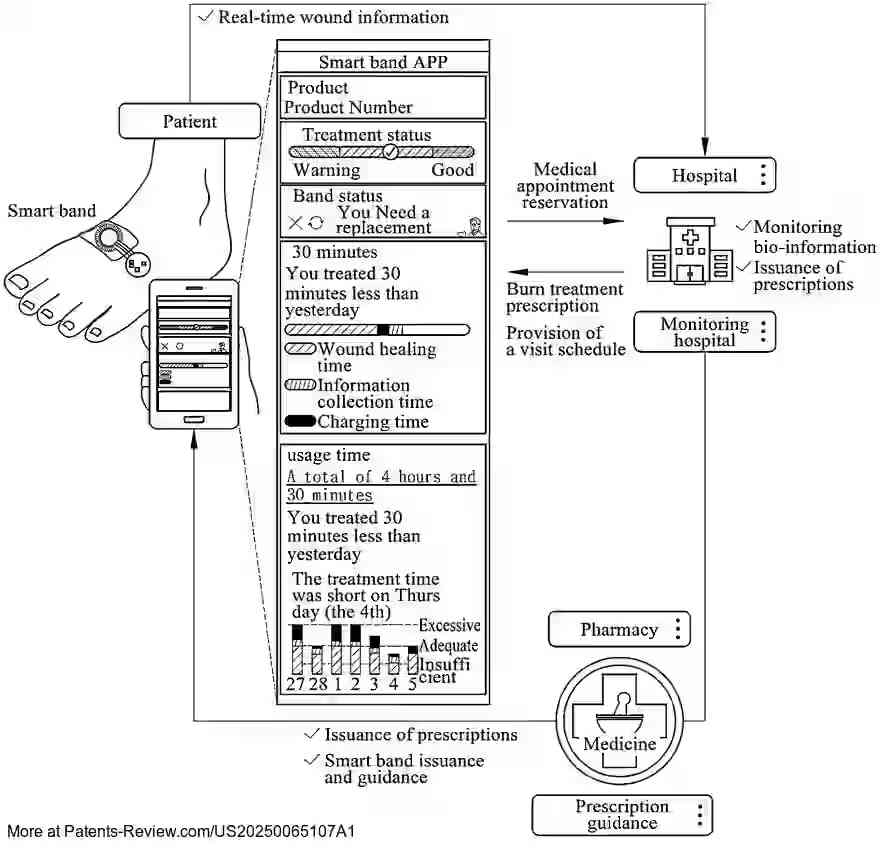 PatentPulse's tweet image. New patent application #US20250065107A1 by #EnergyMining unveils a smart band for wound care. It features an electrode module for electric stimulation &amp;amp; exudate evaporation, powered wirelessly. A processor manages treatment by sensing exudate states. #SmartBand #MedTech
