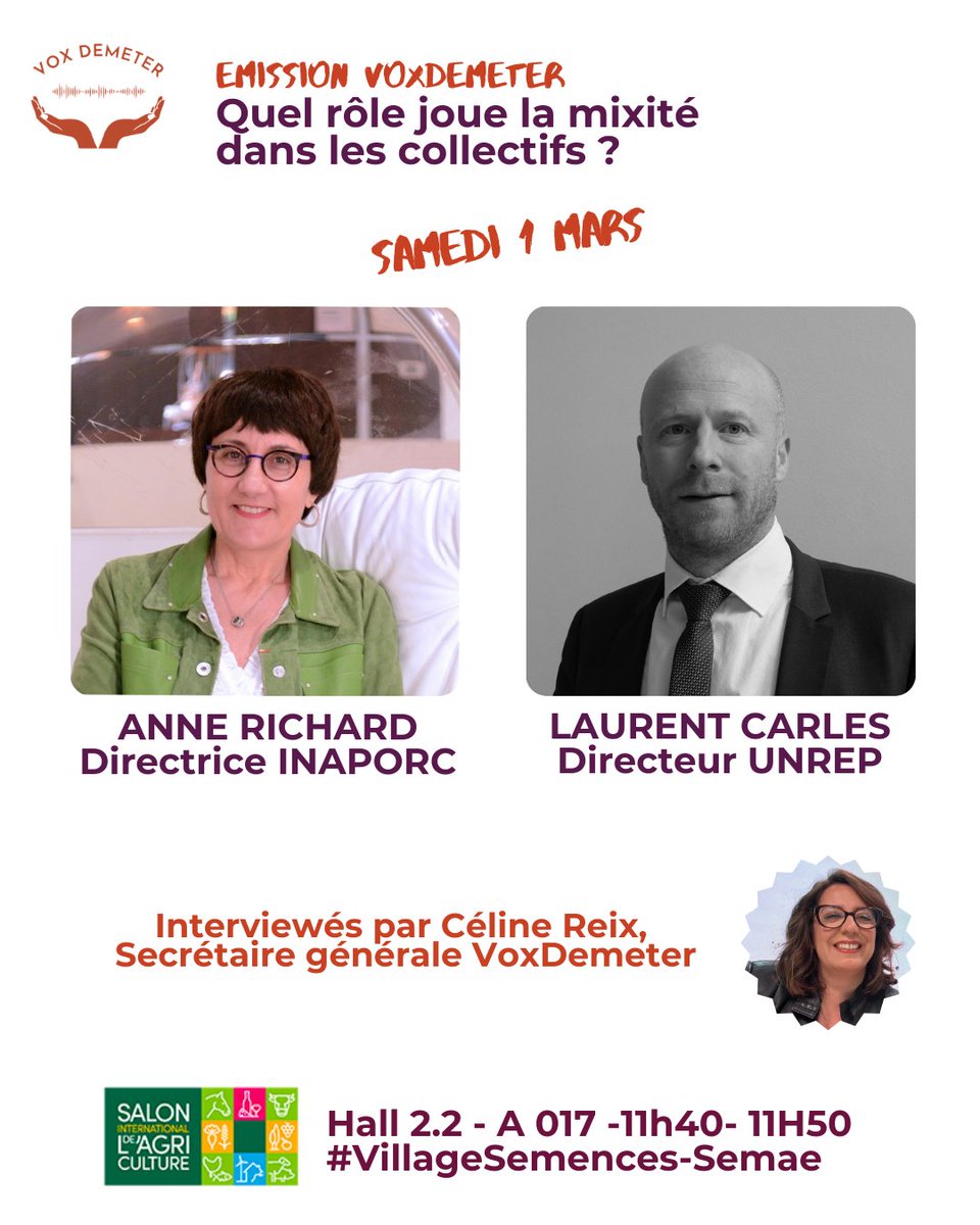 VoxDemeter's tweet image. Retrouvez nous samedi 1er mars au #sia2025 sur le stand @VillageSemence de @semae_officiel au Hall 2.2 à 11h40 avec @AnneRichardLaco de @inaporc et Laurent Carles de @UNREP_Fede 
&quot;Quel rôle joue la Mixité dans les collectifs ?&quot;