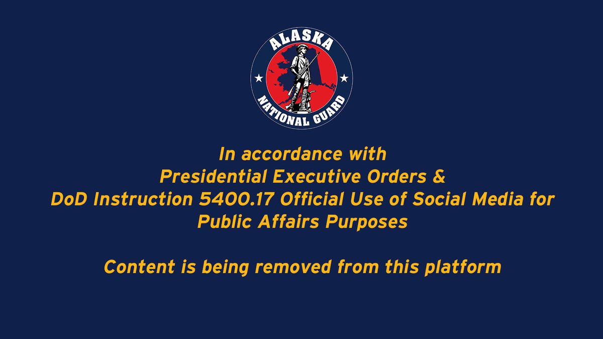 In alignment with Department of Defense (DoD) Instruction 5400.17 and recent Executive Orders issued by the President, the Alaska National Guard is reviewing and adjusting its social media content to ensure compliance with DoD policies and priorities.