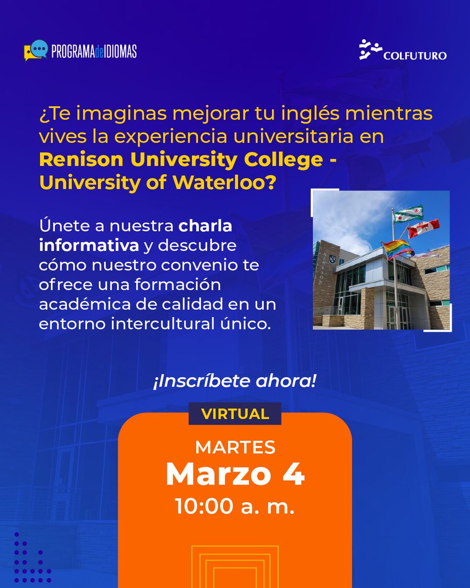 Fundación COLFUTURO (@colfuturo) on Twitter photo 🌎✨ Aprende inglés en Canadá con una beca del 20 % en matrícula 🇨🇦
Nuestro convenio con <a href="/RenisonELI/">Renison School of Global Engagement and Education</a> - University of Waterloo te ofrece la oportunidad de mejorar tu inglés mientras vives una experiencia internacional.
Inscríbete👉 cutt.ly/4rrp2dvn 🌎✨ Aprende inglés en Canadá con una beca del 20 % en matrícula 🇨🇦
Nuestro convenio con <a href="/RenisonELI/">Renison School of Global Engagement and Education</a> - University of Waterloo te ofrece la oportunidad de mejorar tu inglés mientras vives una experiencia internacional.
Inscríbete👉 cutt.ly/4rrp2dvn