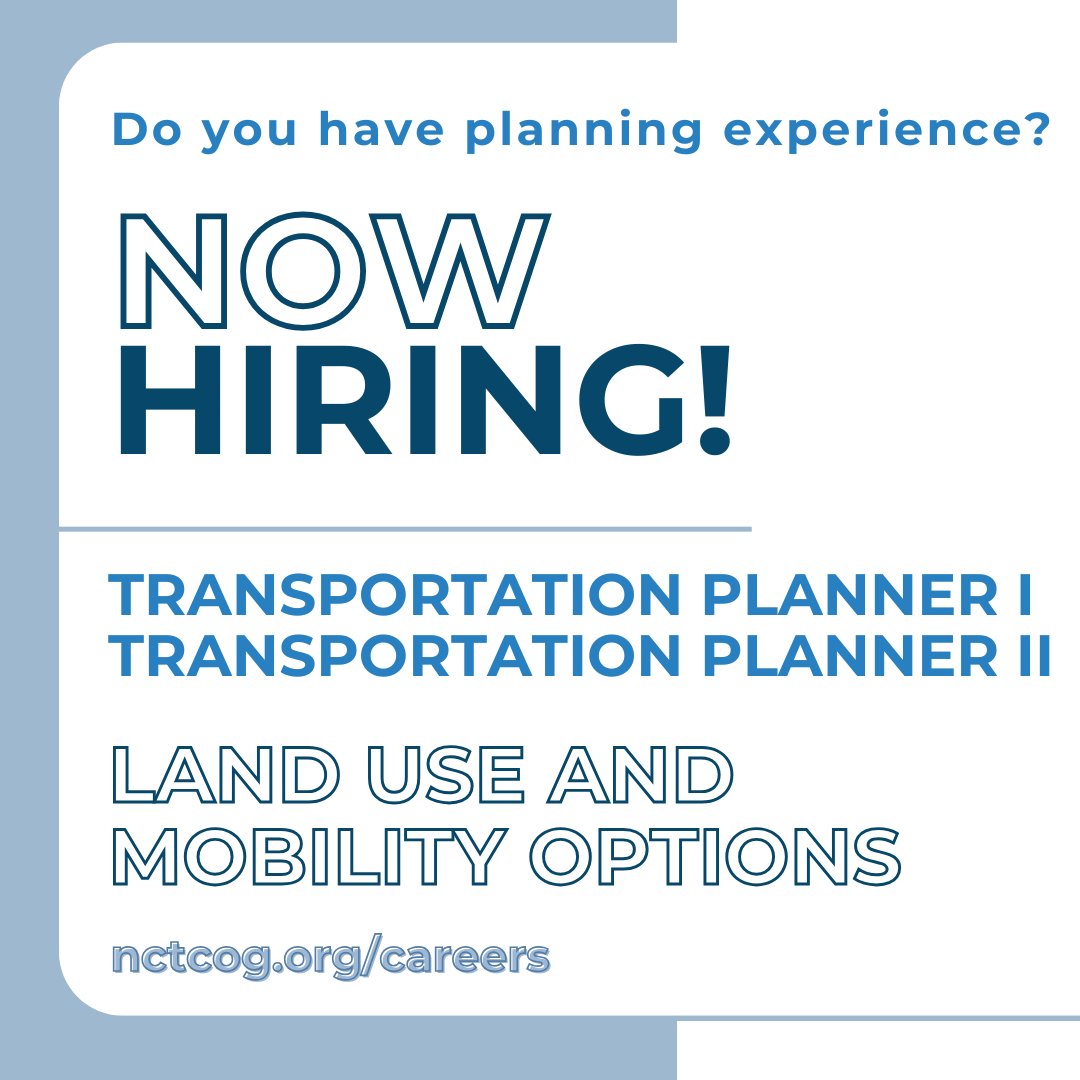 We're looking for Transportation Planners to join the Land Use and Mobility Options program. 
If you're passionate about sustainable mobility and urban planning, 
Apply today:
nctcog.hua.hrsmart.com/hr/ats/Posting…
nctcog.hua.hrsmart.com/hr/ats/Posting…
#TransportationPlanning #UrbanMobility #NCTCOG