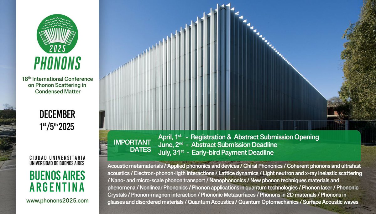 Nanomaterials for Energy (@hybridnano) on Twitter photo ▶️Have a look at Phonons 2025 ♨️🔊💡 taking place 1-5 Dec 2025 in beautiful Buenos Aires! 🇦🇷🧉Organized by great friends and collaborators <a href="/abragasOK/">Andrea Bragas 💚</a> and Alex Fainstein🤘with great plenary speakers such as <a href="/dlkimura/">Daniel Lanzillotti Kimura</a>😛 Here more info: phonons2025.com ▶️Have a look at Phonons 2025 ♨️🔊💡 taking place 1-5 Dec 2025 in beautiful Buenos Aires! 🇦🇷🧉Organized by great friends and collaborators <a href="/abragasOK/">Andrea Bragas 💚</a> and Alex Fainstein🤘with great plenary speakers such as <a href="/dlkimura/">Daniel Lanzillotti Kimura</a>😛 Here more info: phonons2025.com