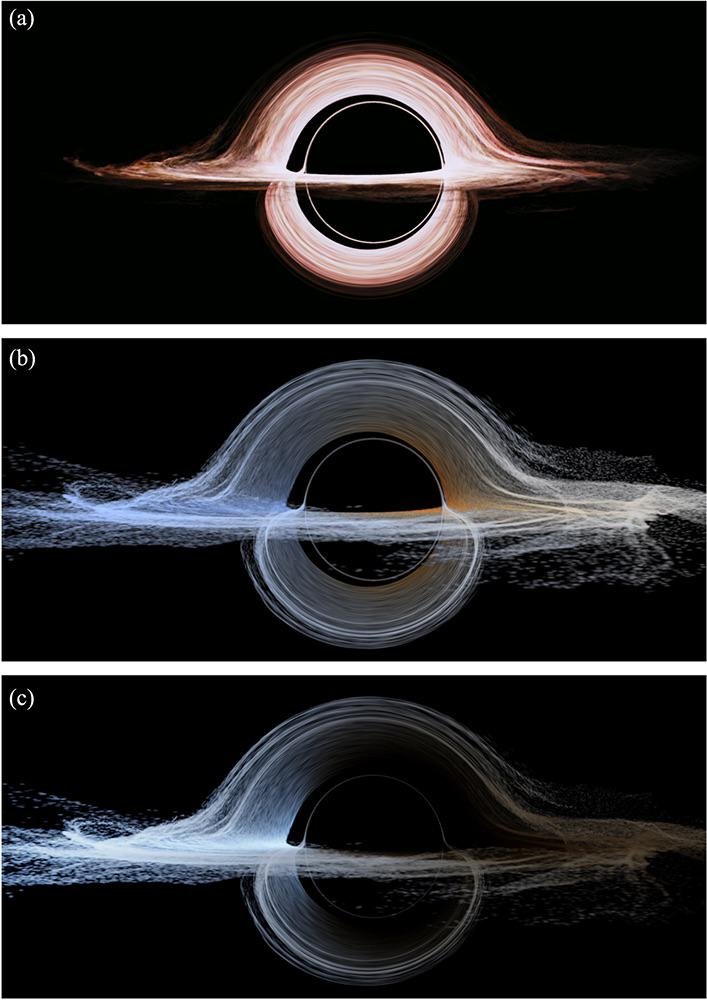 The Interstellar black hole (top) vs. how a black hole would actually appear to an observer (bottom)
