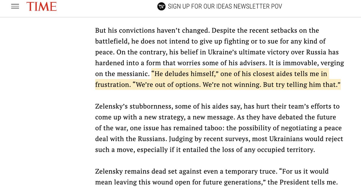 aaronjmate's tweet image. In October 2023, Simon Shuster of Time Magazine published a profile of Zelensky based on access to his inner circle. Their concerns about him, including his refusal to even discuss a peace deal with Russia, presaged today&apos;s White House humiliation. 

Zelensky was so committed to…