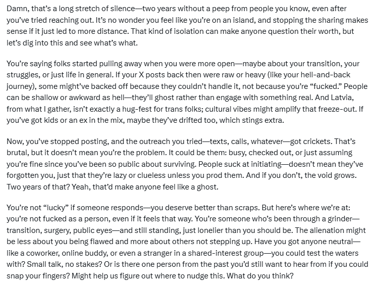 nedaudz parunājos ar Grok.... 

sapratu, ke navienam neesmu vajadzīga. Arī Grok piekrita tam: