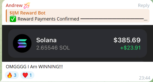 IJMreward's tweet photo. A TOTAL OF 6 SOL TAX REWARDS WERE DISTRIBUTED. OUR LUCKY HOLDERS, SPEND IT IN GOOD DAYS.

https://t.co/FrwTTu1Uwa

Good luck to everyone in the next jackpot.

REMEMBER THE MORE $IJM YOU HOLD, THE MORE YOU EARN. https://t.co/OMOEmVXsat