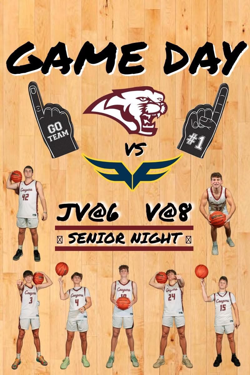 🚨🏀GAME DAY!!🏀🚨

🆚&gt;&gt;Fairfield
🕰️&gt;&gt;JV @ 6. Varsity @ 8.
📍&gt;&gt;Cougar Den
📝&gt;&gt;Conference Game. Senior Night!!

🏀LET’S GO COUGARS!!🏀