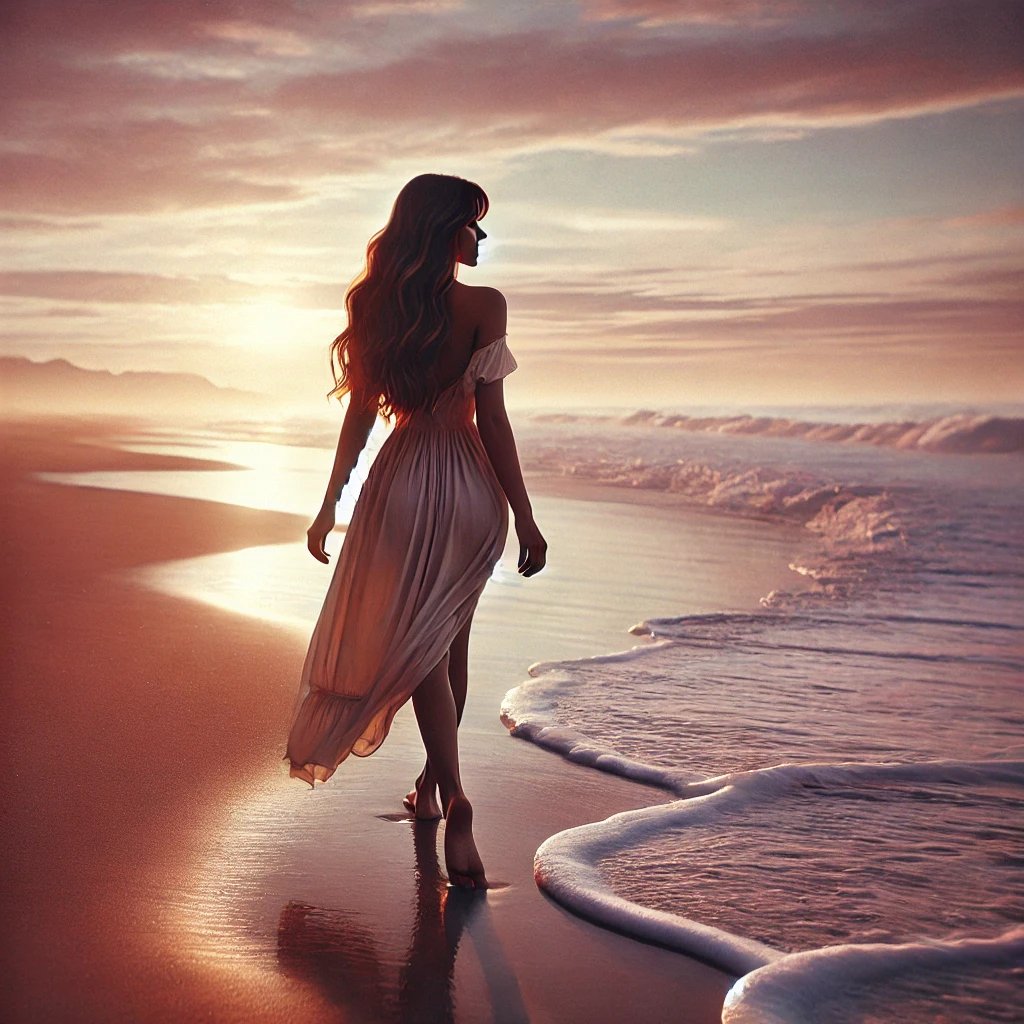 Jackielthequeen's tweet image. The ocean listens when words are silent. A woman walks along the shore, feeling the waves, the wind, and something unseen—something deeper. What does the sea whisper to those who listen? 
#BeachVibes #DeepConnection #EnergySpeaks #AIArtistCommunity
#eTatos