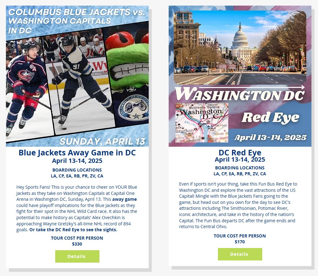 FunBusOH's tweet image. As we gear up for the Stadium Series tomorrow at The Shoe this is a reminder that the Fun Bus is going to DC! This trip has a game ticket option and a sightseeing only option. Call us to book a seat at 740-653-4600 or visit our website, funbus.com #CBJ #ALLCAPS