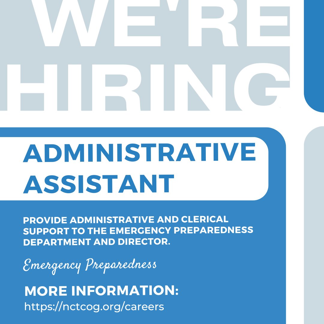 📢 Now Hiring: Administrative Assistant

We're seeking an Administrative Assistant to support the Emergency Preparedness Department and Director. 
📍 Apply now: nctcog.hua.hrsmart.com/hr/ats/Posting…

#AdministrativeAssistant #EmergencyPreparedness #DFWJobs