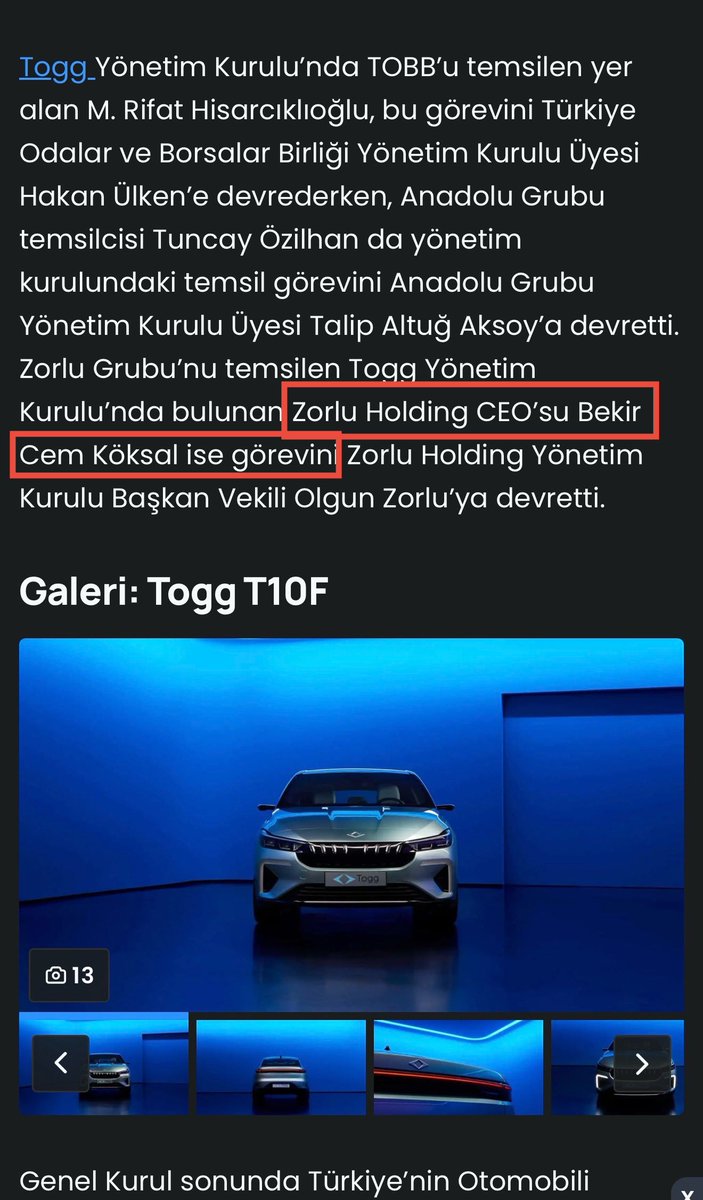 📌TOGG yönetim kurulu üyesi, Zorlu Holding CEO şu Bekir Cem Köksal’ın derhal tüm görevlerine son verin. Aksi taktirde bu milletten alacağınız tepkiyi kaldırmanız mümkün değil, bugüne kadar yapmış olduğunuz tüm çalışma, reklam ve repütasyonunuz yerle yeksan olur. CEO mudur Bekir